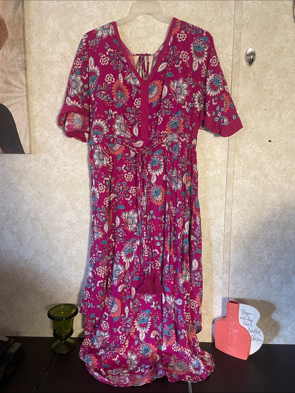 Roaman's Raspberry Bohemian Resort Wear Floral Tie-Back Maxi Dress